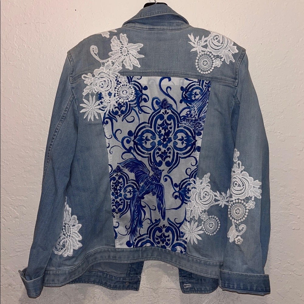 Chicos Lace Floral Denim Jean Jacket cottagecore granny teachercore boho artsy - Picture 7 of 7